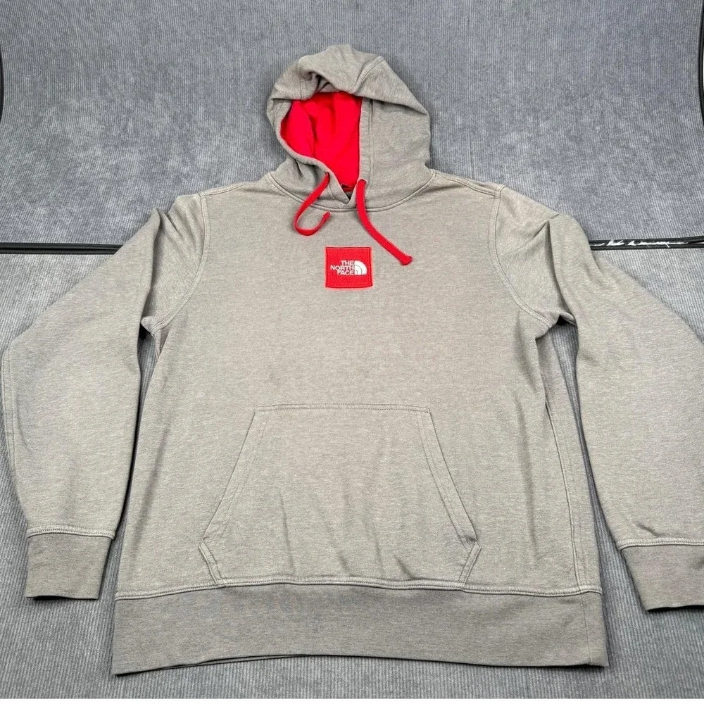 The North Face Mens Gray Red Box Logo Pullover‎ Hoodie Size Large L Fleece